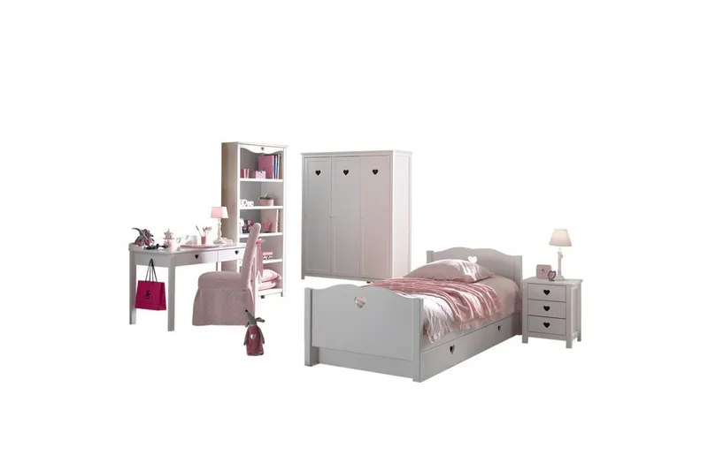 Säng med ribbotten nattduksbord garderob skrivbord bokhylla låda Amori Vit