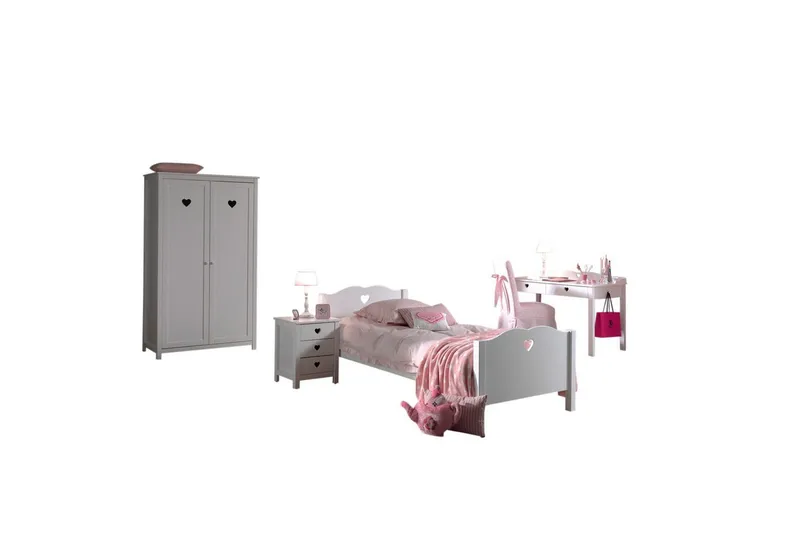 Säng med sängbord, garderob, skrivbord Amori Vit 2 dörrar, 2 dörrar