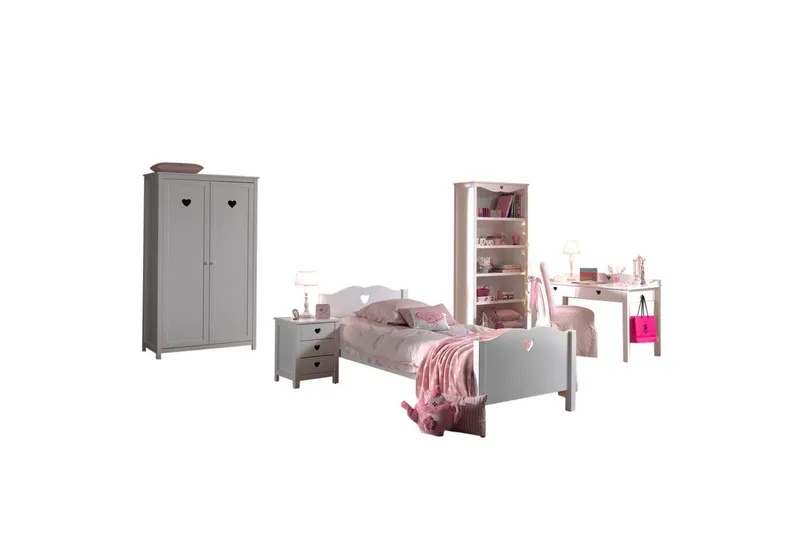 Säng med sängbord, garderob, skrivbord, bokhylla Amori Vit 2 dörrar, 2 dörrar