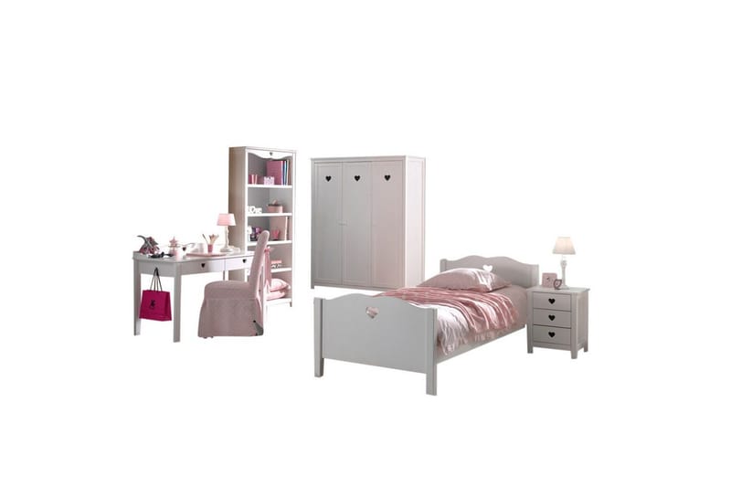 Säng med sängbord, garderob, skrivbord, bokhylla Amori Vit 3-dörrar, 3-dörrar