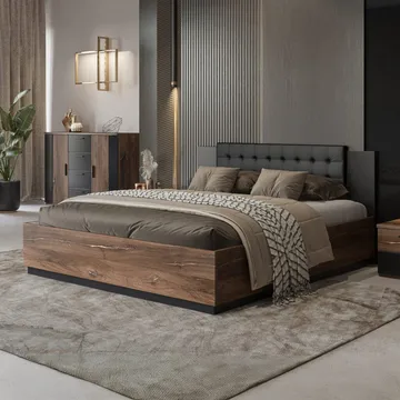 Säng Sigma med ram på gaslyft och förvaringslåda - 140 cm, Mörk Flagstaff Ek med Kopparfärgad Ornament - Möbler - Sovrum - Sängram & sängstomme