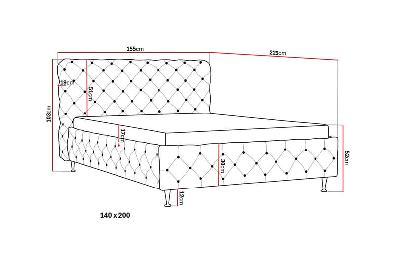 Chesterfield Komplett Sängpaket Sängram med Madrass 140x200 cm - Grå - Möbler - Sovrum - Sängar - Komplett Sängpaket