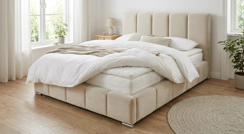 Cleaton Sängram 160x200 cm med Förvaring HVILA Pocketresårmadrass och Bäddmadrass i Polysterskum med Tvättbar klädsel - Beige/Vit - Möbler - Sovrum - Sängar - Komplett Sängpaket