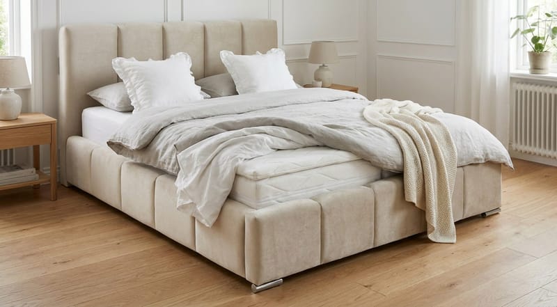 Cleaton Sängram 180x200 cm med Förvaring HVILA Resårmadrass och Bäddmadrass i Memoryskum med Tvättbar klädsel - Beige - Möbler - Sovrum - Sängar - Komplett Sängpaket
