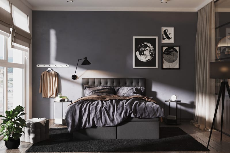 Boxy Komplett Sängpaket – Kontinentalsäng 180x200 cm i Tyg med Sänggavel + Bäddmadrass - Svart - Möbler - Sovrum - Sängar - Dubbelsängar