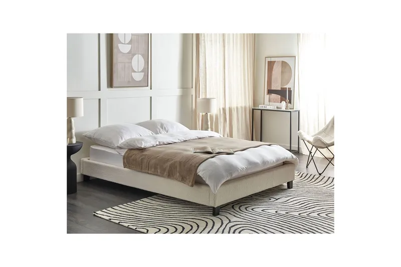 Dubbelsäng Roanne med lamellram Beige-Mörkt Trä, 140x200 cm, Bouclé - Beige-Mörkt Trä, 140x200 cm, Bouclé - Möbler - Sovrum - Sängar - Ramsäng