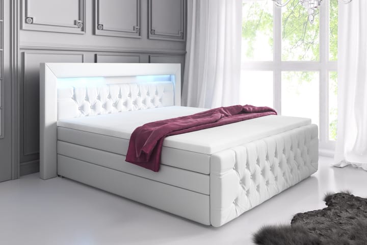 ELIO Lyx Sängpaket 160x200 LED-belysning Vit/Konstläder - Komplett Sängpaket - Sängar med förvaring