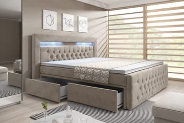 Franco Komplett Sängpaket med förvaring LED-belysning 180x200 cm + 2st Franco Sängbord - Beige / Sammet - Möbler - Sovrum - Sängar - Komplett Sängpaket