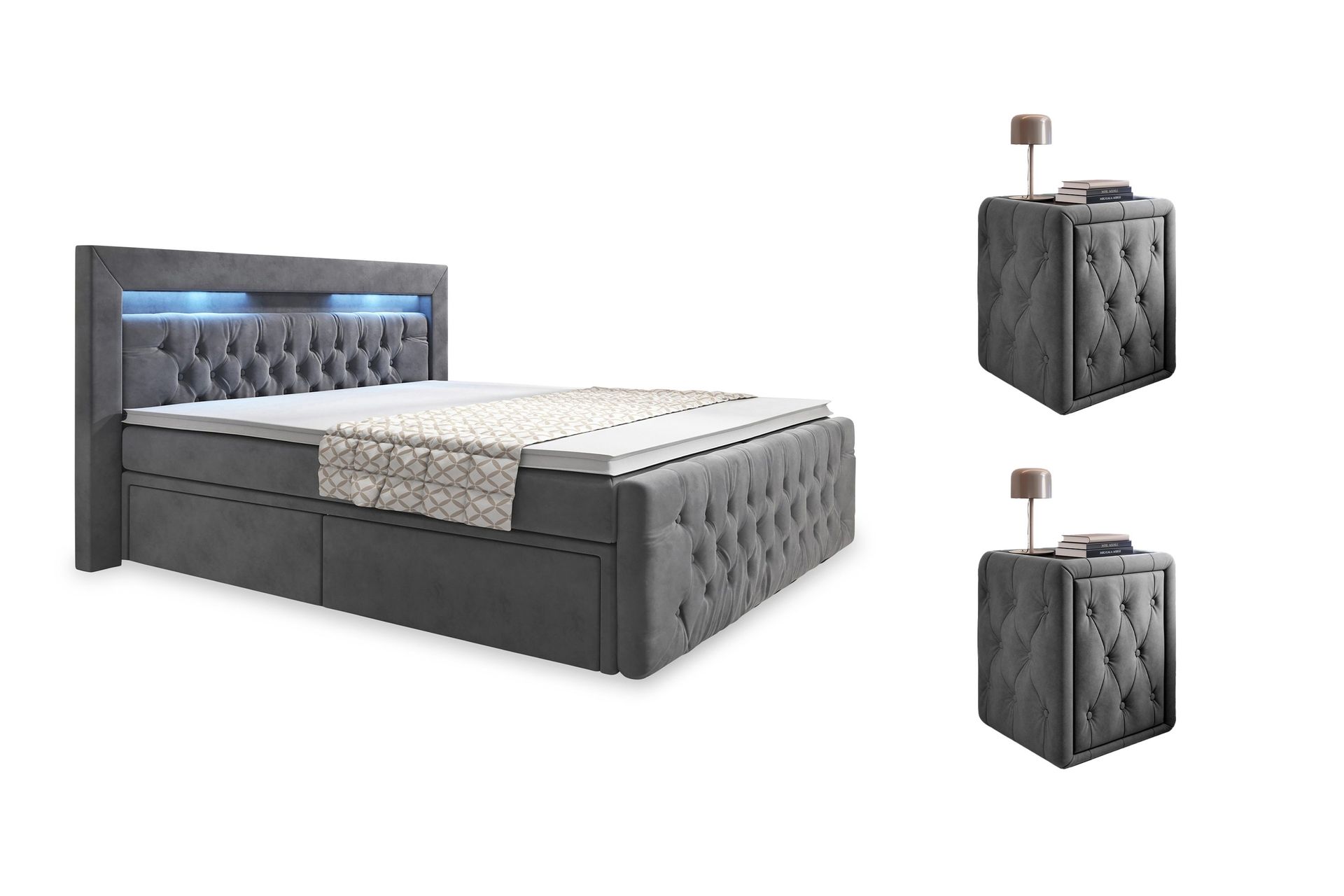 Franco Komplett S&auml;ngpaket med f&ouml;rvaring LED-belysning 180x200 cm + 2st Franco S&auml;ngbord - Gr&aring;|Sammet