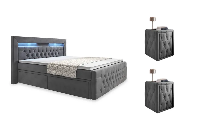 Franco Komplett Sängpaket med förvaring LED-belysning 180x200 cm + 2st Franco Sängbord - Grå|Sammet - Möbler - Sovrum - Sängar - Kontinentalsängar