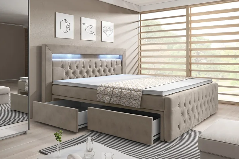 Franco Komplett Sängpaket med förvaring LED-belysning 180x200 cm - Beige / Sammet - Möbler - Sovrum - Sängar - Komplett Sängpaket