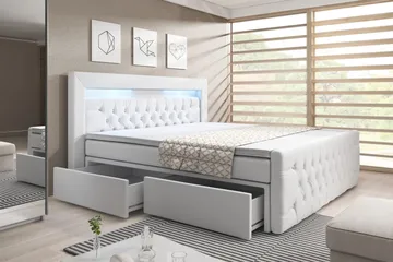 Franco Komplett Sängpaket med förvaring LED-belysning 180x200 cm - Pu Konstläder Vit - Möbler - Sovrum - Sängar - Komplett Sängpaket