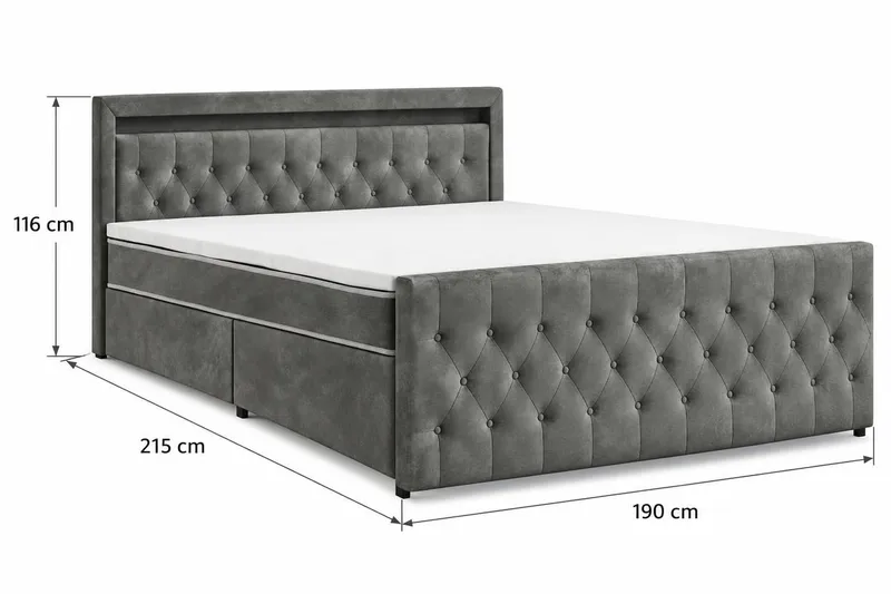 Franco light Komplett Sängpaket med förvaring LED-belysning 180x200 cm - Grå - Möbler - Sovrum - Sängar - Sängar med förvaring