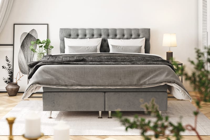 GRAND XL Sängpaket 180x200 cm + Madrasskydd - Grå / Sammet - Möbler - Sovrum - Sängar - Komplett Sängpaket
