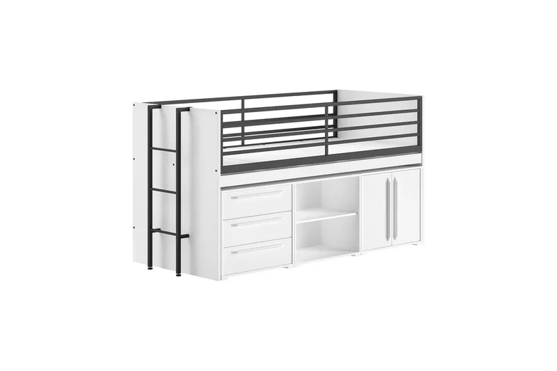 Halvhög Säng med bokhylla, skåp med 2 dörrar och byrå med 3 Lådor Sam Vit, Vit