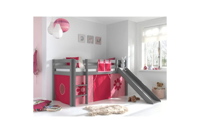 Halvhög Säng med gardin och rutschkana Pino Grå, Rosa Blomma - Grå, Rosa Blomma - Möbler - Sovrum - Sängar - Våningssängar & loftsängar