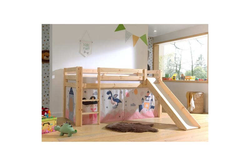 Halvhög Säng med gardin och rutschkana Pino Naturlig, Prinsessa sophie - Naturlig, Prinsessa sophie - Möbler - Sovrum - Sängar - Våningssängar & loftsängar