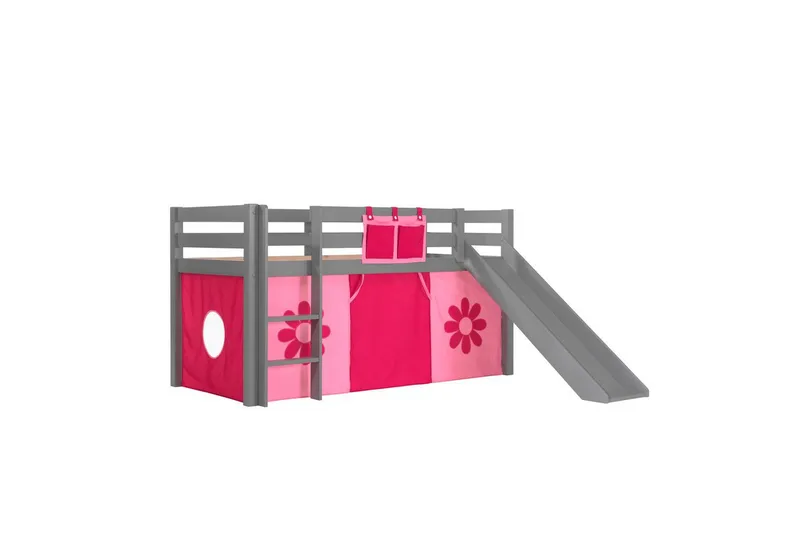 Halvhög Säng med gardin och rutschkana Pino Grå, Rosa Blomma, Grå, Rosa Blomma