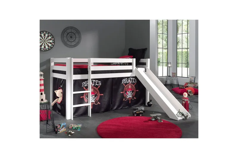 Halvhög Säng med gardin och rutschkana Pino Vit, Pirat - Vit, Pirat - Möbler - Sovrum - Sängar - Våningssängar & loftsängar