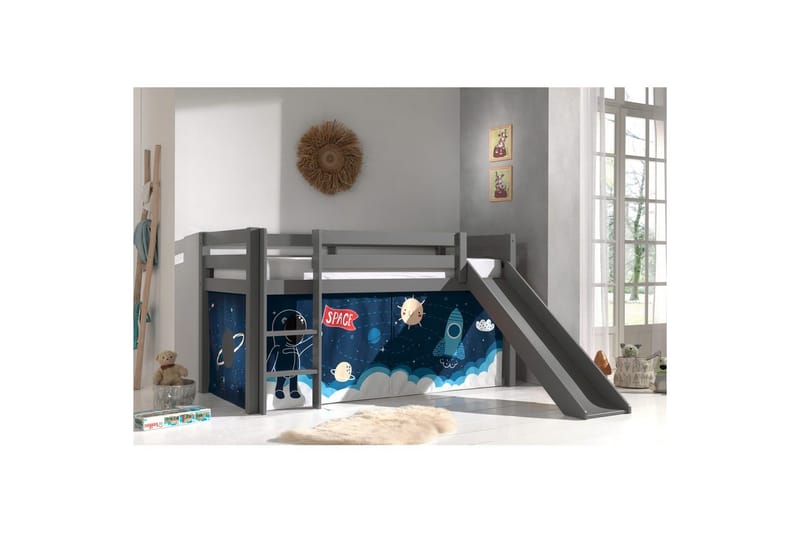 Halvhög Säng med gardin och rutschkana Pino Grå, Rymdfärja - Grå, Rymdfärja - Möbler - Sovrum - Sängar - Våningssängar & loftsängar