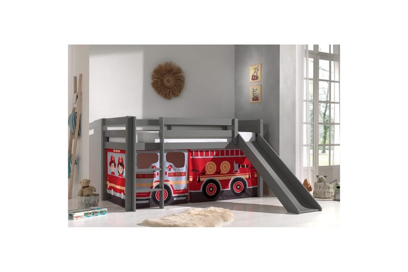 Halvhög Säng med gardin och rutschkana Pino Grå, Brandbil - Grå, Brandbil - Möbler - Sovrum - Sängar - Våningssängar & loftsängar