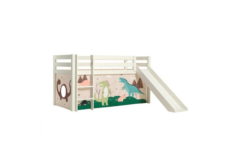 Halvhög Säng med gardin och rutschkana Pino Vit, Dino, Vit, Dino