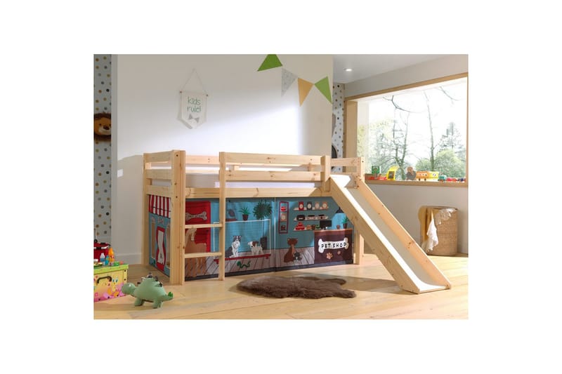 Halvhög Säng med gardin och rutschkana Pino Naturlig, Husdjursaffär - Naturlig, Husdjursaffär - Möbler - Sovrum - Sängar - Våningssängar & loftsängar