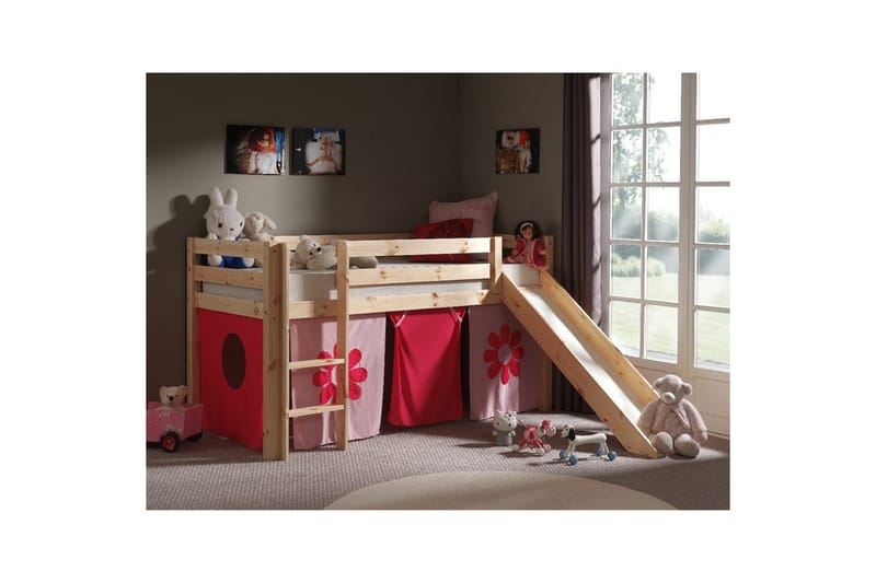 Halvhög Säng med gardin och rutschkana Pino Naturlig, Rosa Blomma - Naturlig, Rosa Blomma - Möbler - Sovrum - Sängar - Våningssängar & loftsängar