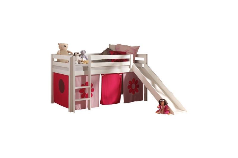 Halvhög Säng med gardin och rutschkana Pino Vit, Rosa Blomma - Vit, Rosa Blomma - Möbler - Sovrum - Sängar - Våningssängar & loftsängar