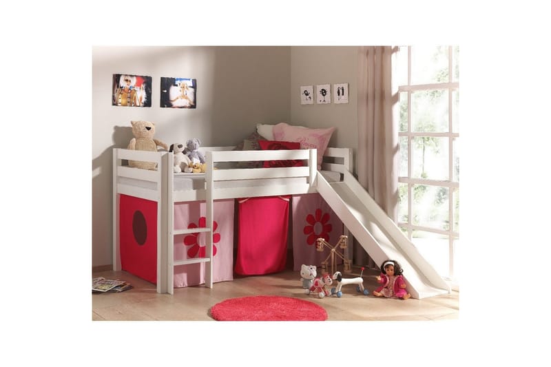 Halvhög Säng med gardin och rutschkana Pino Vit, Rosa Blomma - Vit, Rosa Blomma - Möbler - Sovrum - Sängar - Våningssängar & loftsängar