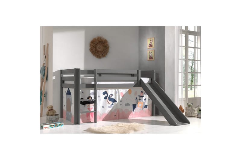 Halvhög Säng med gardin och rutschkana Pino Grå, Prinsessa sophie - Grå, Prinsessa sophie - Möbler - Sovrum - Sängar - Våningssängar & loftsängar