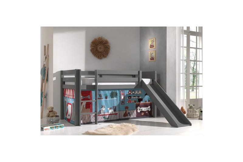 Halvhög Säng med gardin och rutschkana Pino Grå, Husdjursaffär - Grå, Husdjursaffär - Möbler - Sovrum - Sängar - Våningssängar & loftsängar