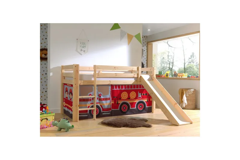 Halvhög Säng med gardin och rutschkana Pino Naturlig, Brandbil - Naturlig, Brandbil - Barn & bebis - Barnmöbler - Barnsäng & juniorsäng - Hussäng