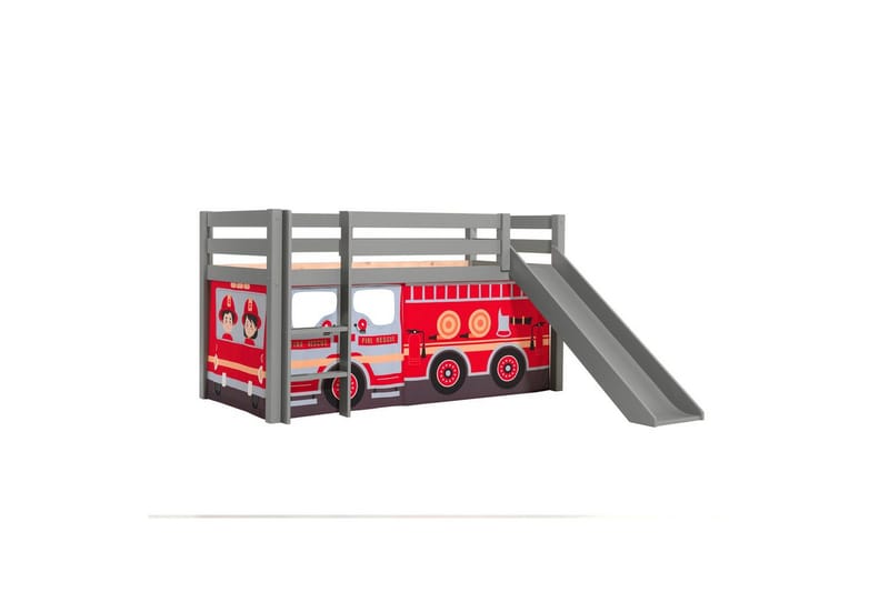 Halvhög Säng med gardin och rutschkana Pino Grå, Brandbil - Grå, Brandbil - Möbler - Sovrum - Sängar - Våningssängar & loftsängar
