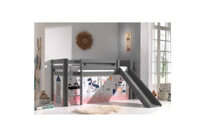 Halvhög Säng med gardin och rutschkana Pino Grå, Prinsessa sophie - Grå, Prinsessa sophie - Möbler - Sovrum - Sängar - Våningssängar & loftsängar