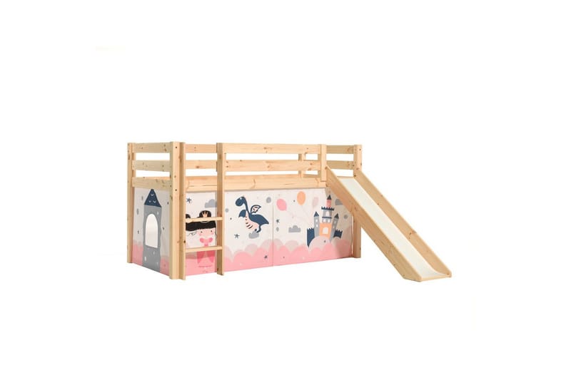 Halvhög Säng med gardin och rutschkana Pino Naturlig, Prinsessa sophie, Naturlig, Prinsessa sophie