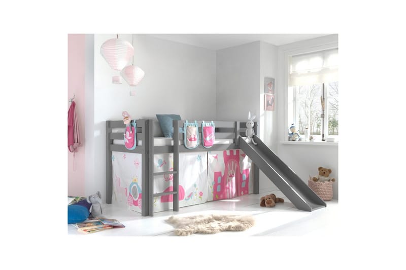 Halvhöjdssäng med gardin Pino Princess Grå, Grå, Med rutschkana, Utan tunnel, 3 - Grå, Grå, Med rutschkana, Utan tunnel, 3 - Möbler - Sovrum - Sängar - Våningssängar & loftsängar