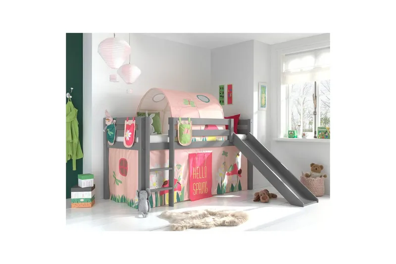 Halvhöjdssäng med gardin Pino Spring Grå, Grå, Med rutschkana, Fjäder, Vår, 3 - Grå, Grå, Med rutschkana, Fjäder, Vår, 3 - Möbler - Sovrum - Sängar - Våningssängar & loftsängar