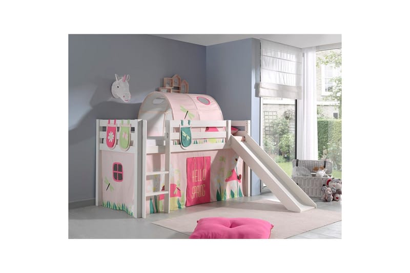 Halvhöjdssäng med gardin Pino Spring Vit, Vit, Med rutschkana, Vår, Fjäder, 3 - Vit, Vit, Med rutschkana, Vår, Fjäder, 3 - Möbler - Sovrum - Sängar - Våningssängar & loftsängar