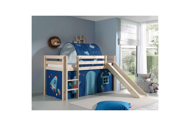 Halvhöjdssäng med gardin Pino Astro Naturlig, Naturlig, Med rutschkana, Med tunnel, Inga fickor - Naturlig, Naturlig, Med rutschkana, Med tunnel, Inga fickor - Möbler - Sovrum - Sängar - Våningssängar & loftsängar