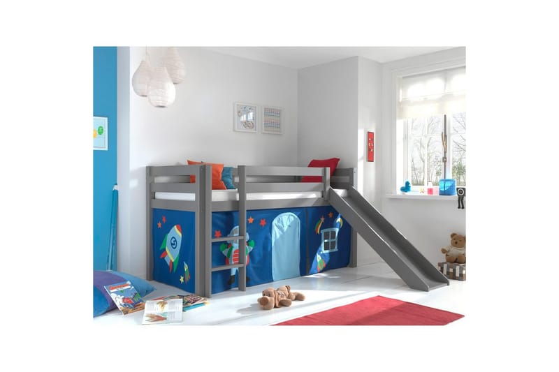 Halvhöjdssäng med gardin Pino Astro Grå, Grå, Med rutschkana, Utan tunnel, Inga fickor - Grå, Grå, Med rutschkana, Utan tunnel, Inga fickor - Möbler - Sovrum - Sängar - Våningssängar & loftsängar