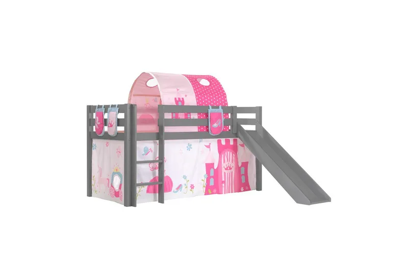 Halvhöjdssäng med gardin Pino Princess Grå, Grå, Med rutschkana, Prinsessa, 3, Grå, Grå, Med rutschkana, Prinsessa, 3