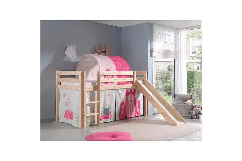 Halvhöjdssäng med gardin Pino Princess Naturlig, Naturlig, Med rutschkana, Prinsessa, Inga fickor - Naturlig, Naturlig, Med rutschkana, Prinsessa, Inga fickor - Möbler - Sovrum - Sängar - Våningssängar & loftsängar