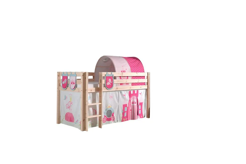 Halvhöjdssäng med gardin Pino Princess Naturlig, Naturlig, Utan rutschkana, Prinsessa, 3, Naturlig, Naturlig, Utan rutschkana, Prinsessa, 3