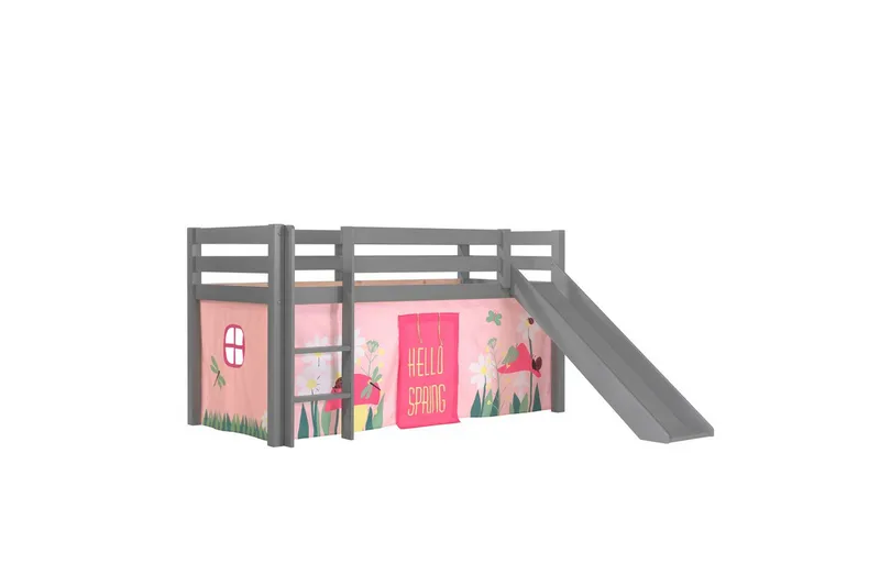 Halvhöjdssäng med gardin Pino Spring Grå, Grå, Med rutschkana, Utan tunnel, Utan fickor, Grå, Grå, Med rutschkana, Utan tunnel, Utan fickor