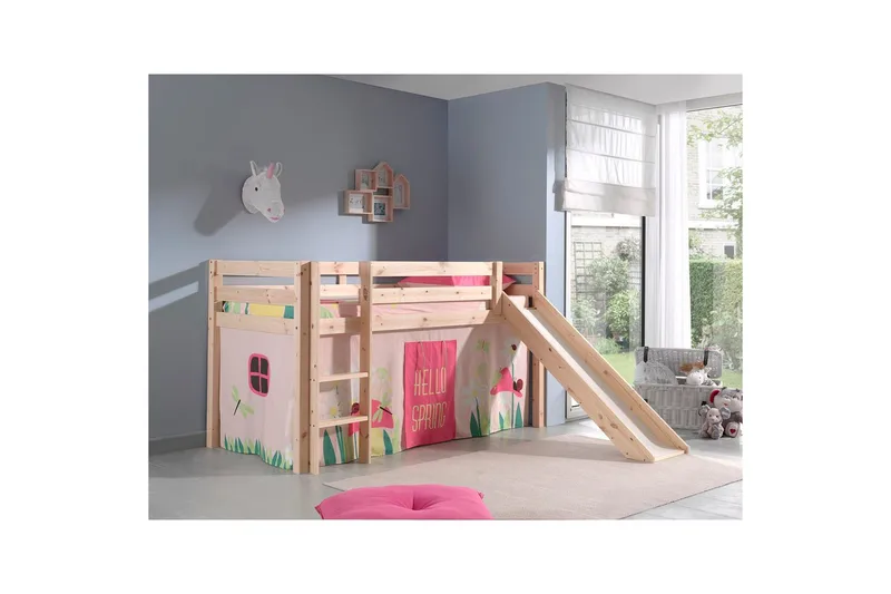 Halvhöjdssäng med gardin Pino Spring Naturlig, Naturlig, Med rutschkana, Utan tunnel, Utan fickor - Naturlig, Naturlig, Med rutschkana, Utan tunnel, Utan fickor - Barn & bebis - Barnmöbler - Barnsäng & juniorsäng - Hussäng