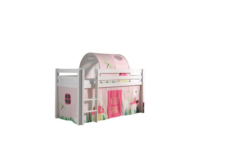 Halvhöjdssäng med gardin Pino Spring Vit, Vit, Utan rutschkana, Fjäder, Vår, Utan fickor, Vit, Vit, Utan rutschkana, Fjäder, Vår, Utan fickor