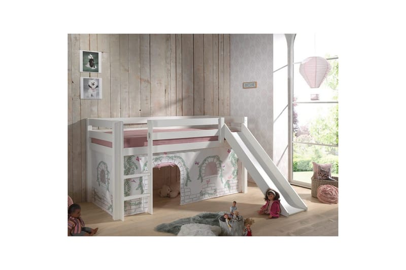 Halvhöjdssäng med gardin Pino Birdy Vit, Vit, Med rutschkana, Utan tunnel, Inga fickor - Vit, Vit, Med rutschkana, Utan tunnel, Inga fickor - Möbler - Sovrum - Sängar - Våningssängar & loftsängar