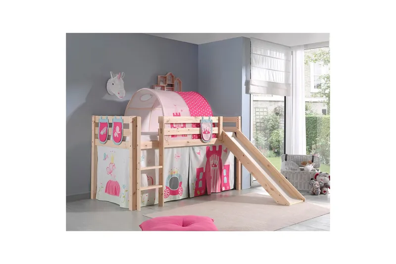 Halvhöjdssäng med gardin Pino Princess Naturlig, Naturlig, Med rutschkana, Prinsessa, 3 - Naturlig, Naturlig, Med rutschkana, Prinsessa, 3 - Möbler - Sovrum - Sängar - Våningssängar & loftsängar