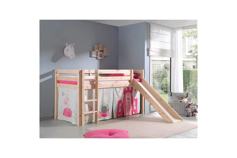 Halvhöjdssäng med gardin Pino Princess Naturlig, Naturlig, Med rutschkana, Ingen tunnel, Inga fickor - Naturlig, Naturlig, Med rutschkana, Ingen tunnel, Inga fickor - Möbler - Sovrum - Sängar - Våningssängar & loftsängar